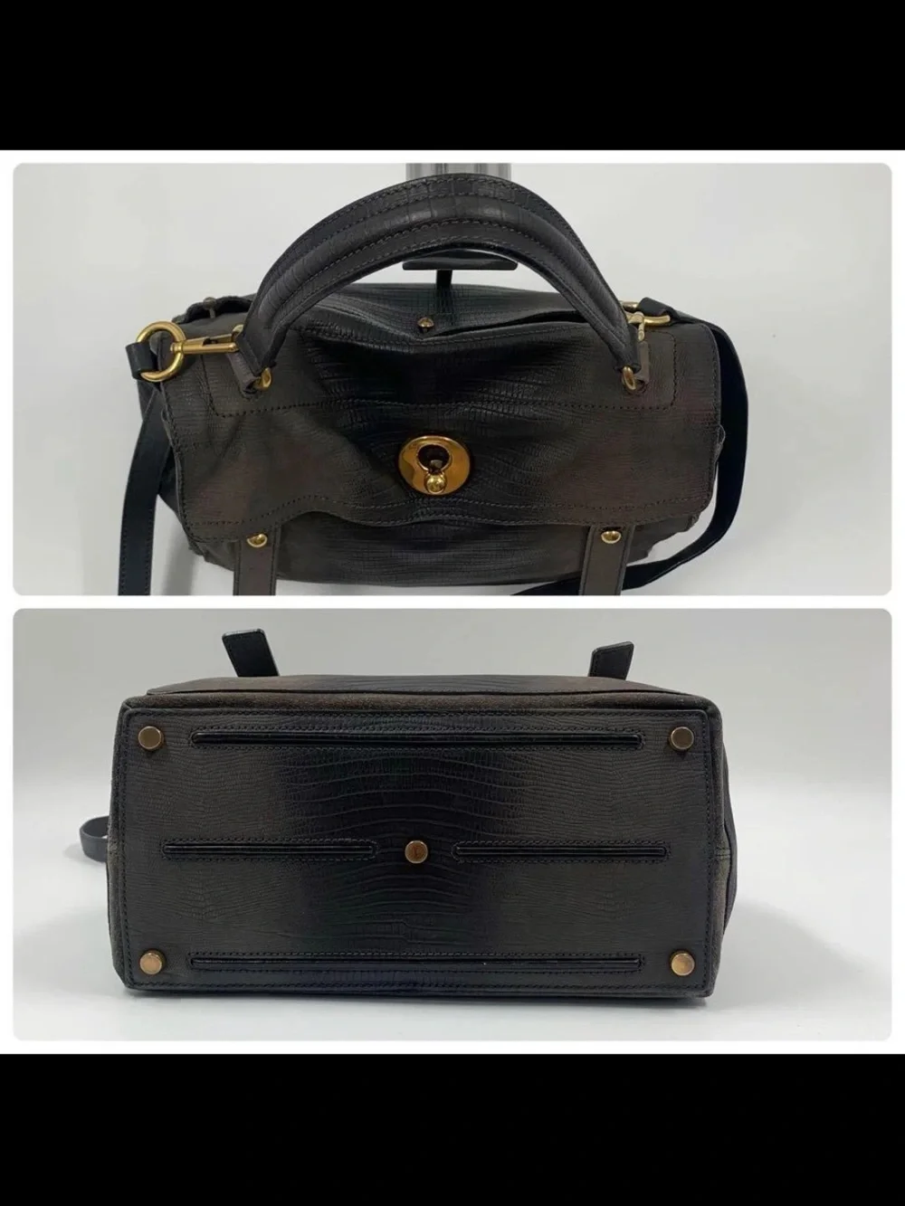 Saint Laurent Dark Gray Textured Leather Shoulder Bag with Gold Hardware